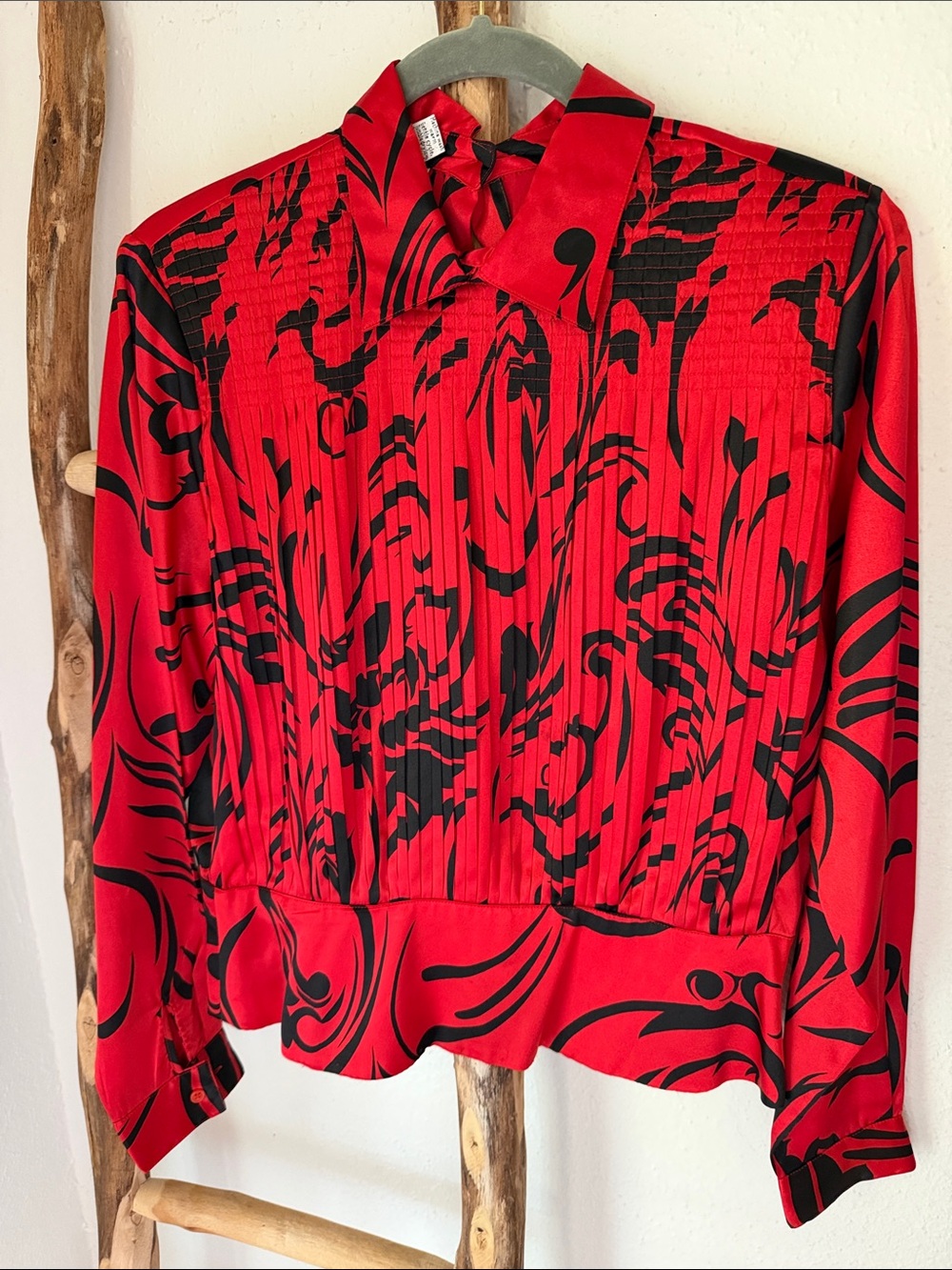 Vintage Red Printed Pleated Front Collared Blouse Black Abstract Design M 10